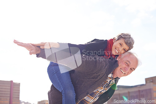 Image of Portrait, mature couple and piggyback or romantic on vacation, retirement holiday and celebrate with smile. Happy, elderly people and marriage or love for bonding, care and romance in relationship