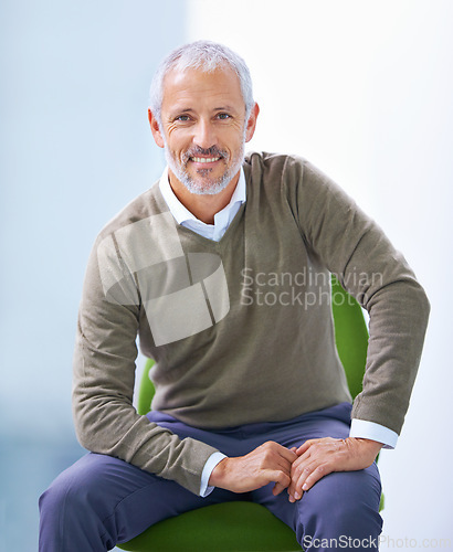 Image of Businessman, smile and portrait of manager on chair for accounting career, pride and finance office. Mature employee, happy and professional person with confidence for corporate job, company and work