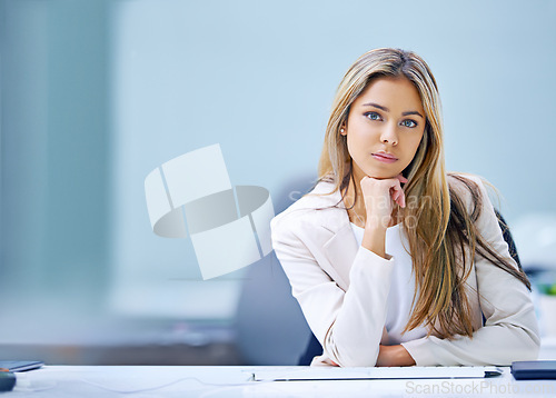 Image of Corporate, portrait and businesswoman at desk in office for accounting company, financial advisor or employee. Consultant, professional and female person for worker, staff or confidence in workplace