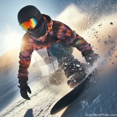 Image of  close up image of a person snowboarding 