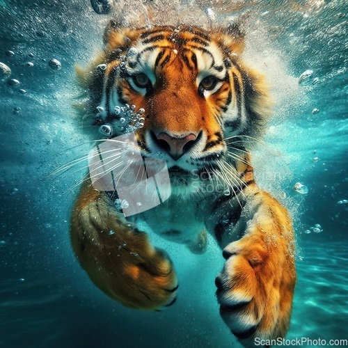 Image of gorgeous tiger swimming under the water