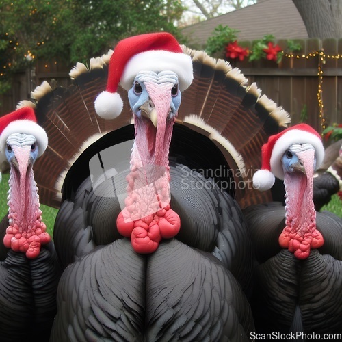 Image of comical turkeys wearing santa hats