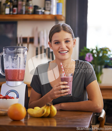 Image of Morning, kitchen and portrait of woman with smoothie for wellness, detox and healthy breakfast in home. Nutrition, food and person with vegetables, fruit and glass for drink, protein shake and juice