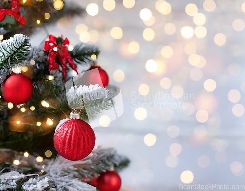 Image of christmas tree closeup with bokeh lights copyspace generative ai