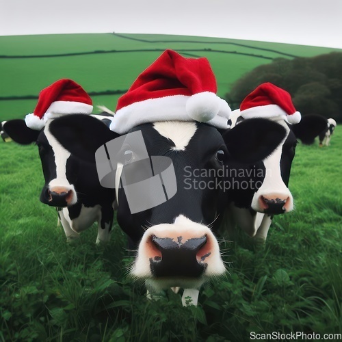 Image of cows in the field wearing christmas hats generative ai