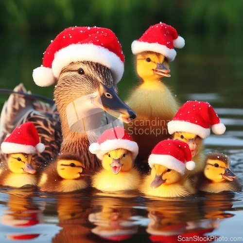 Image of Duck and ducklings in a pond wearing Christmas Hats generative a