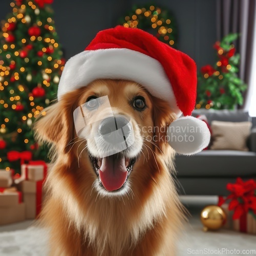 Image of dog wearing santa hat at christmas