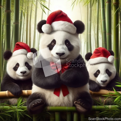 Image of pandas wearing santa hats