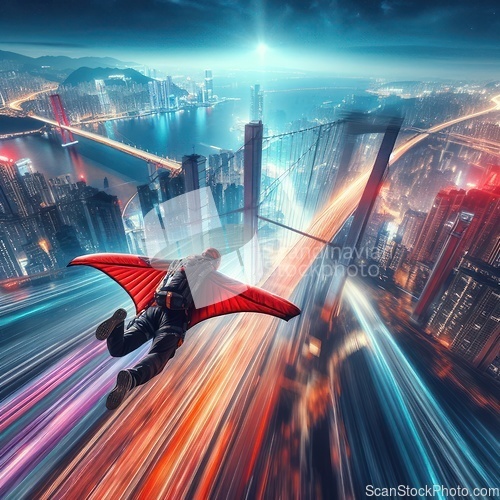 Image of wingsuit skydiving and flying into a large city