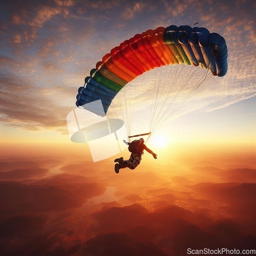 Image of parachuting over a landscape at sunrise