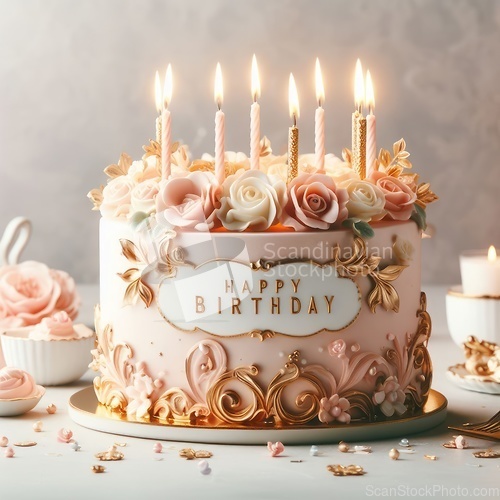 Image of delicious and luxurious happy birthday cake