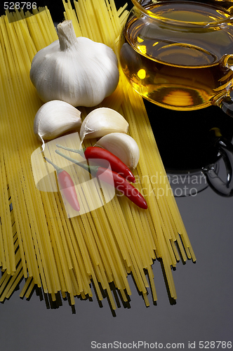 Image of pasta garlic extra virgin olive oil and red chili pepper