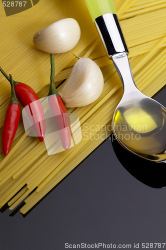 Image of pasta garlic extra virgin olive oil and red chili pepper