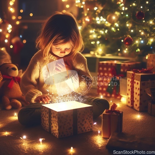 Image of young child opening a wondrous glowing gift on christmas morning