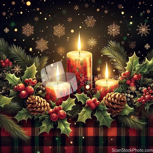 Image of candles and ornaments christmas background