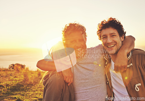 Image of Sunset, nature and senior parent with children for adventure, hiking and walking outdoors. Family, travel and mature father with man and woman embrace on holiday, vacation and weekend together