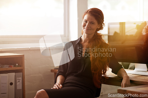 Image of Business woman, portrait and confident accountant in office, smile and pride in workplace. Female person, advisor and career opportunity in finance firm for startup company, auditor and computer