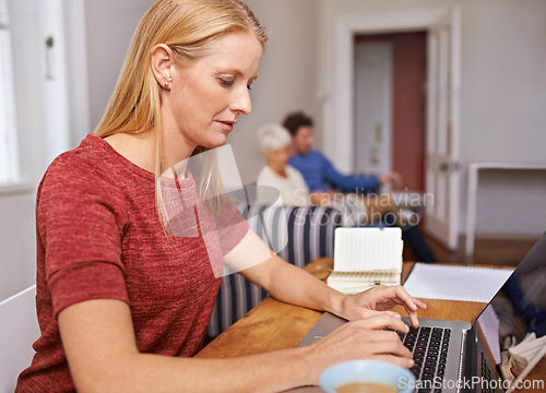 Image of Remote work, laptop and woman in living room typing online report, research and internet for freelance job. House, working from home and person on computer for website, writing email or planning