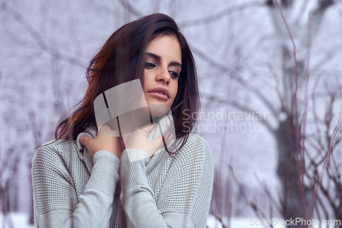 Image of Winter, cold and woman outdoor in snow for fashion with turtle neck, jersey and warm top by tree in nature. Female person, Mexican lady and gen z girl with beauty for style, clothes and thinking