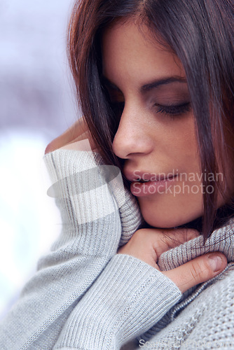 Image of Winter, closeup and profile of woman for fashion with turtle neck, jersey and warm top outdoor in nature. Female person, Mexican lady and gen z girl with beauty for style, clothes and cold in snow