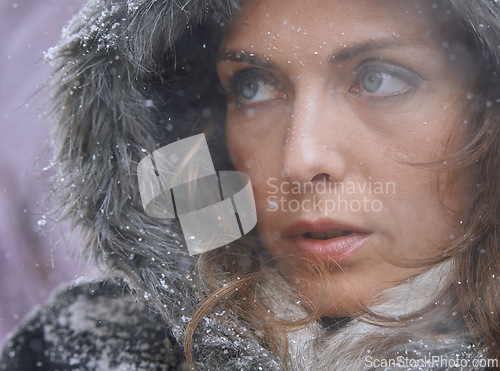 Image of Snow, woman and thinking in nature with cold climate and weather with winter fashion and idea. Ice, travel and freezing outdoor with a female person in Antartica with frost in a storm with jacket