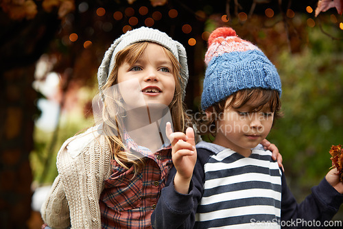 Image of Children, love and siblings in a park for travel, adventure or bonding on autumn journey in nature together. Family, freedom and kids in a forest for explore, playing or fun discovery games outdoor