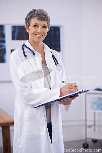 Image of Hospital, doctor and portrait of woman with clipboard for insurance, medical notes and wellness. Healthcare, clinic and happy health worker with documents for service, treatment plan and medicare