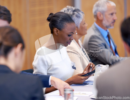 Image of Meeting room, tablet and secretary in boardroom with notes for business for discussion of stock market. Directors, women and male people in collaboration for strategy in sales, networking and talk