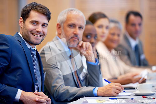 Image of Boardroom, portrait and directors with smile for teamwork in meeting for discussion of stock market. Employees, women and male people in collaboration for strategy in sales, networking and talk