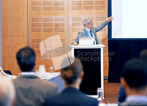 Image of Senior, businessman and presentation with laptop on projector for meeting, staff training or seminar at conference. Man, CEO or speaker talking on podium to group for corporate showcase at workshop