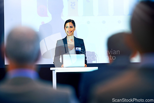 Image of Business woman, smile and presentation with projector screen, conference or workshop with laptop for slideshow. Corporate training, seminar and speaker with info, audience and professional speech