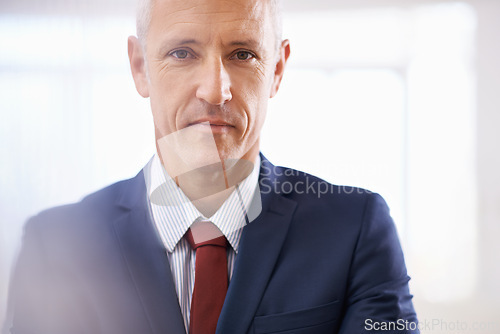 Image of Serious, portrait and mature businessman, ceo or senior manager at corporate startup office. Opportunity, confidence and face of business owner, boss or entrepreneur at professional agency with pride