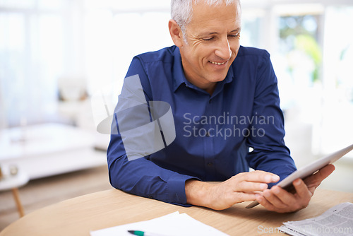 Image of Remote work, paper or happy senior man with tablet in home office for research, planning or communication. Financial, documents or old freelance male accountant with digital, app for investment check