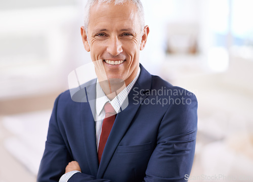 Image of Confidence, portrait and mature businessman, ceo or senior manager at corporate startup office. Leader, smile and happy face of business owner, boss or entrepreneur at professional agency with pride