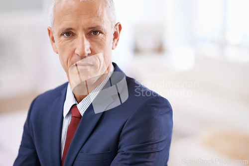 Image of Office, portrait and mature businessman, serious ceo or senior manager at corporate startup. Mockup space, confident and face of business owner, boss or entrepreneur at professional agency with pride