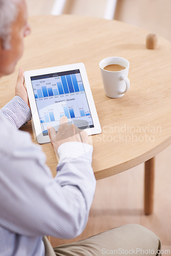 Image of Tablet screen, hand pointing or senior businessman with graph, chart or budget, invest or review in office. Finance, research or accountant show digital savings, timeline or data analytics app