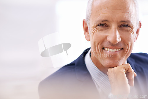 Image of Senior, portrait and happy businessman in office with career, goal or company pride with mockup. Face, space and elderly male executive smile with positive mindset, confidence or relax good mood