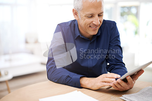 Image of Paper, remote work or happy senior man with tablet in home office for research, planning or communication. Financial, documents or old freelance male accountant with digital, app for investment check