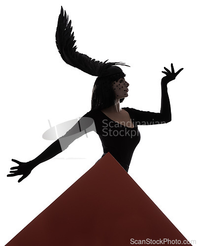 Image of Bird, fashion and woman in a studio with abstract shape, feather and art with unique creativity. Illusion, silhouette and shadow with fantasy, triangle and graphic with style and white background
