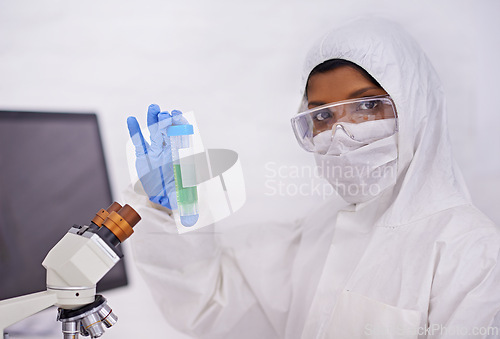 Image of Science, laboratory and woman in portrait with test tube for medical research, analysis and vaccine development. Healthcare, pharmaceutical and doctor with vial for medicine, experiment and study