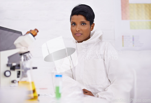 Image of Science, doctor and portrait of woman in laboratory with sample for medical research, analysis and vaccine. Healthcare, pharmaceutical and professional person for medicine, experiment and study