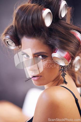 Image of Glamour, curlers and woman with hair, portrait and creative for curling with cans for soda on head. Adult, girl and female person with confidence of style, texture and aesthetic for grooming tools