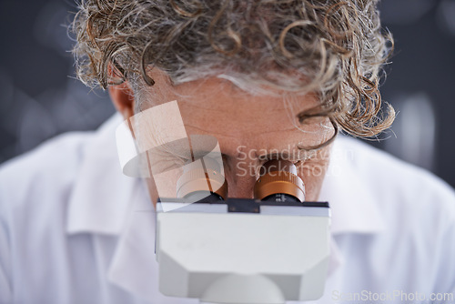 Image of Science, healthcare and doctor in laboratory with microscope for research, test and results for medical career. Worker, lab technician and scientist with chemistry, analysis or particles for study