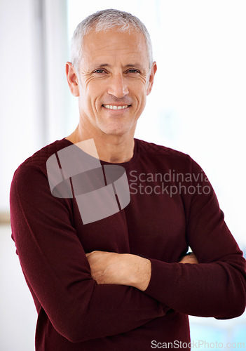 Image of Senior, businessman or happy portrait with arms crossed in office for creative career in management. Mature person, entrepreneur or face of ceo with confidence, smile or pride for startup company