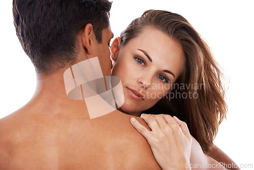 Image of Man, woman and hug in studio for skincare or bonding, routine and dermatology for smooth skin. Couple, together and love with cosmetics on white background for self care, wellbeing and wellness.