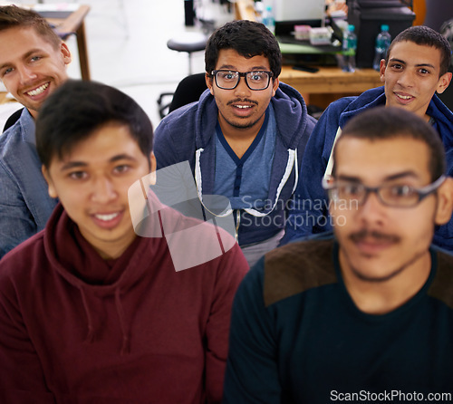 Image of Group, surprise and portrait of men together watching sports match in university library. Fans, diversity and young male students streaming a football game together with shock in college dorm.