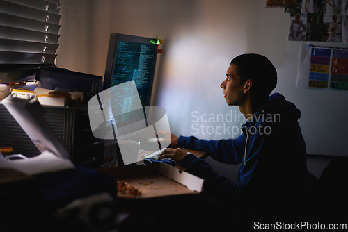 Image of Night, gamer and man with computer, typing and rpg player with esports and programmer with nerd and geek. Person, home and guy with pc and online competition with dark room and internet with network