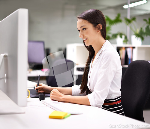 Image of Woman, office and computer as graphic designer with smile for work with stylus pen, drawing tablet and online ideas. Female person, pc and internet or website to search for creative artwork