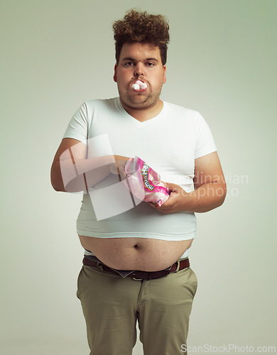 Image of Food, portrait and plus size man with marshmallow, dessert and candy in a studio. Bag, sweet and unhealthy snack for over eating a treat with funny face and hungry male person with grey background