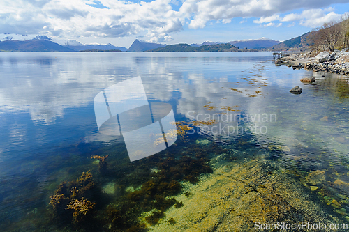 Image of Serene fjord vista with crystal clear waters reflecting a cloud-